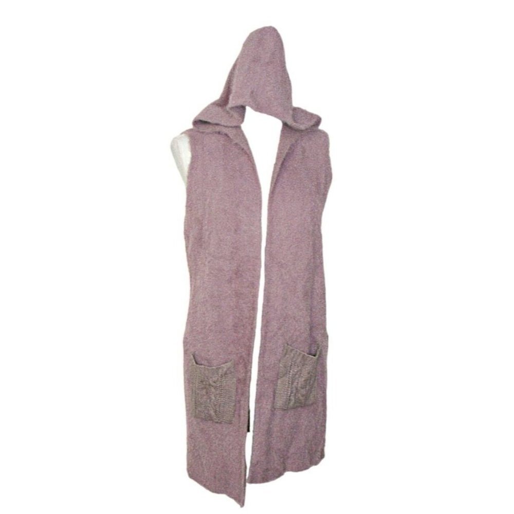 Oliver Faux Fur Knit Cardigan Vest Mauve Blush Pink Hood Open Front Pockets Sz S